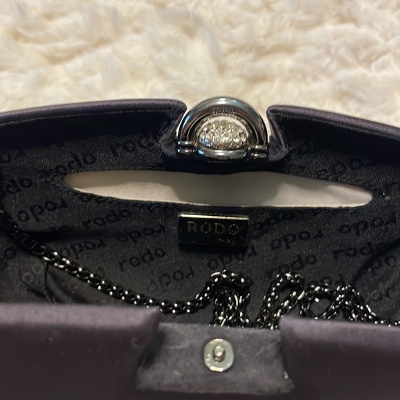RODO satin Swarovski clutch shell evening bag / chain shoulder strap gunmetal - Picture 2 of 14